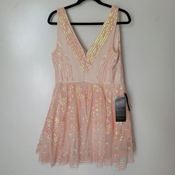 $198 NEW XL BEBE PEACH PINK TULLE SEQUIN SLEEVELESS FIT FLARE MINI DRESS NWT - Picture 9 of 11